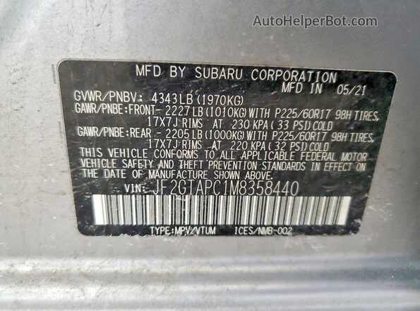 JF2GTAPC1M8358440 2021 SUBARU CROSSTREK Silver VIN կոդի պիտակի տեսք