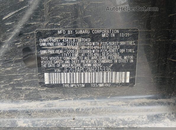 JF2GTAPC2NH215336 2022 SUBARU CROSSTREK Gray Вид підкапотного простору