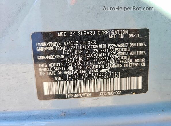JF2GTAPC5M8662161 2021 SUBARU CROSSTREK Blue ძრავის განყოფილების ხედი