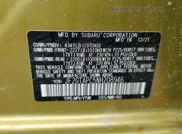 JF2GTAPC5NH208946 2022 SUBARU CROSSTREK Зеленый Панорамный вид салона 360°