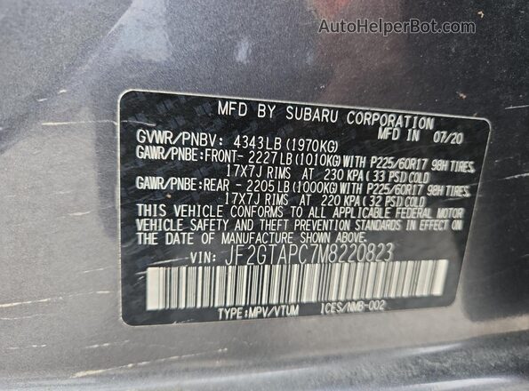 JF2GTAPC7M8220823 2021 SUBARU CROSSTREK Gray VIN կոդի պիտակի տեսք