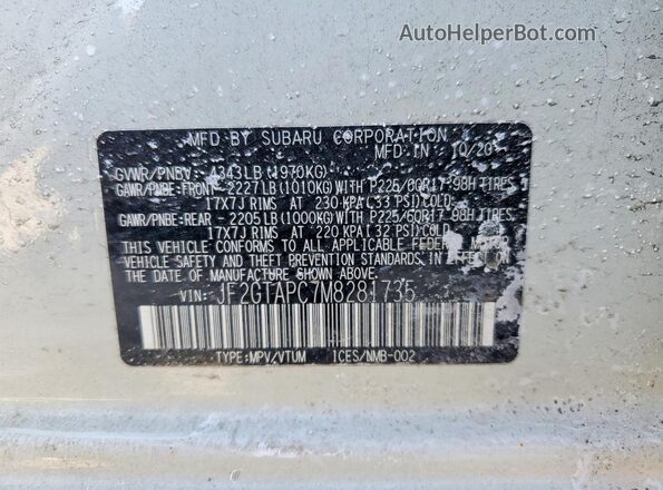 JF2GTAPC7M8281735 2021 SUBARU CROSSTREK White VIN կոդի պիտակի տեսք