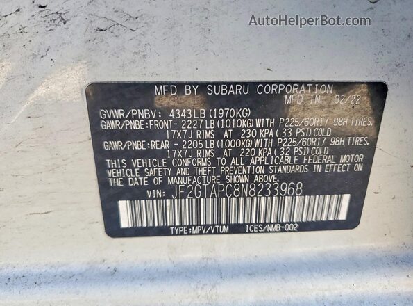 JF2GTAPC8N8233968 2022 SUBARU CROSSTREK White Вид наклейки з VIN-кодом