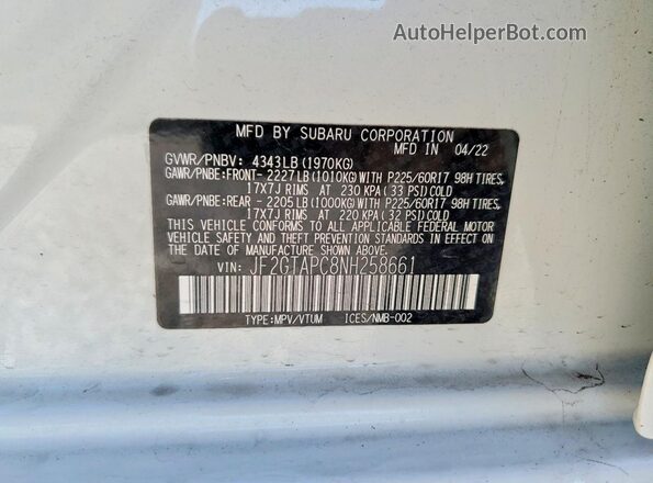 JF2GTAPC8NH258661 2022 SUBARU CROSSTREK White Widok wnętrza 360 stopni