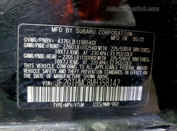 JF2GTHMC8MH358142 2021 SUBARU CROSSTREK Black Вид наклейки з VIN-кодом