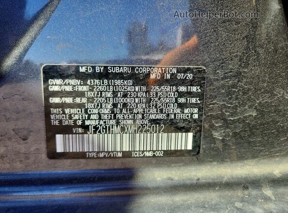 JF2GTHMCXMH225012 2021 SUBARU CROSSTREK Серый Вид наклейки с VIN-кодом