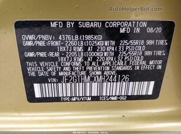 JF2GTHMCXMH244126 2021 SUBARU CROSSTREK Yellow Engine compartment view
