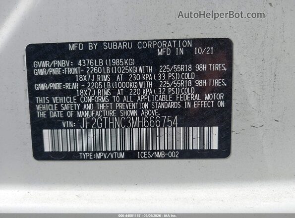 JF2GTHNC3MH666754 2021 SUBARU CROSSTREK White Вид підкапотного простору