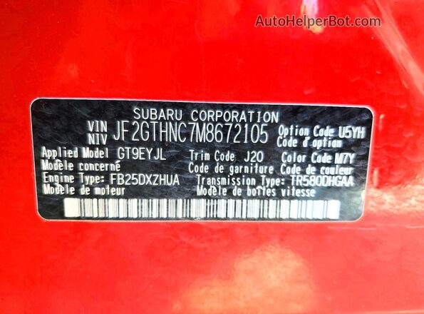 JF2GTHNC7M8672105 2021 SUBARU CROSSTREK Red Widok naklejki z numerem VIN