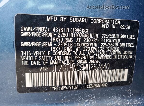 JF2GTHNC9MH262440 2021 SUBARU CROSSTREK Blue Widok naklejki z numerem VIN