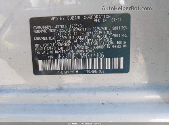 JF2GTHRC7MH377306 2021 SUBARU CROSSTREK White Вид підкапотного простору