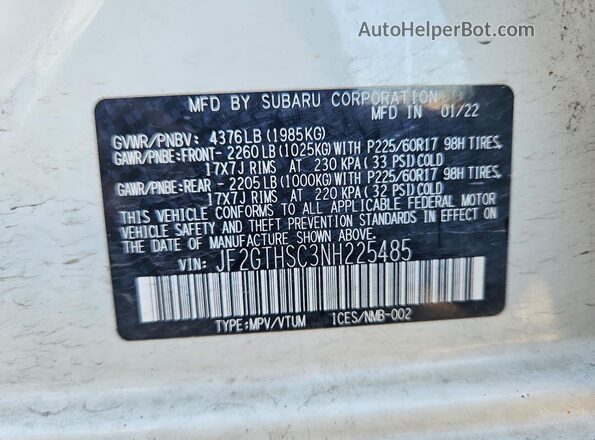 JF2GTHSC3NH225485 2022 SUBARU CROSSTREK White Շարժիչի բաժամունքի տեսք