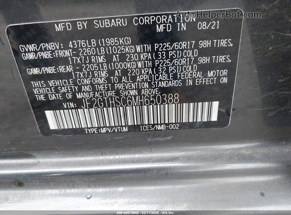 JF2GTHSC6MH650388 2021 SUBARU CROSSTREK Серый Вид подкапотного пространства