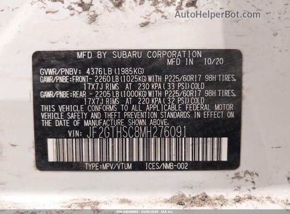 JF2GTHSC8MH276091 2021 SUBARU CROSSTREK White Vista del compartimento del motor