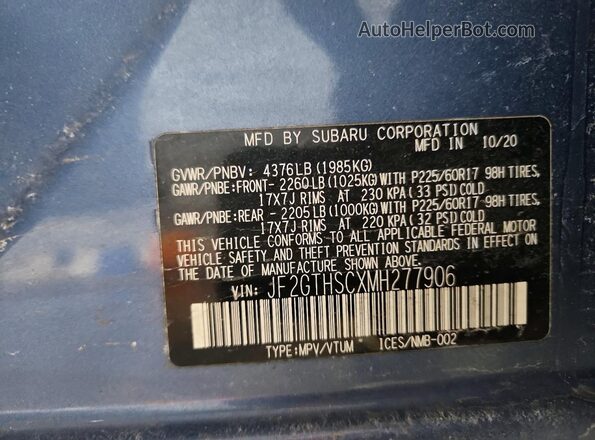 JF2GTHSCXMH277906 2021 SUBARU CROSSTREK Blue VIN sticker view
