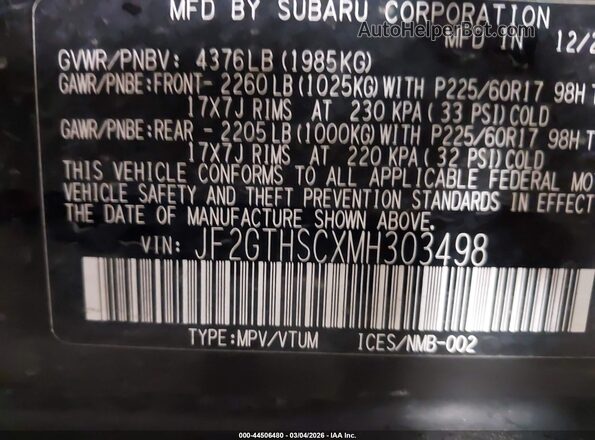 JF2GTHSCXMH303498 2021 SUBARU CROSSTREK Black Engine compartment view