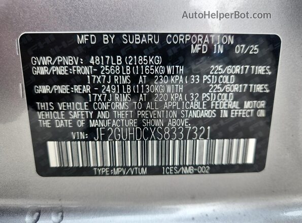JF2GUHDCXS8337321 2025 SUBARU CROSSTREK Серебряный Вид наклейки с VIN-кодом
