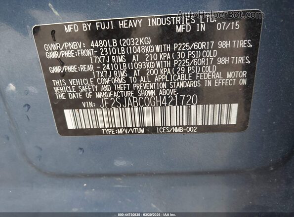 JF2SJABC0GH421720 2016 SUBARU FORESTER 2.5 Синий Вид подкапотного пространства