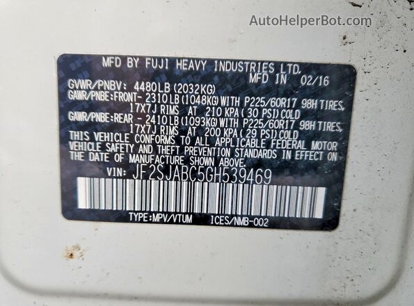 JF2SJABC5GH539469 2016 SUBARU FORESTER 2.5 White VIN sticker view