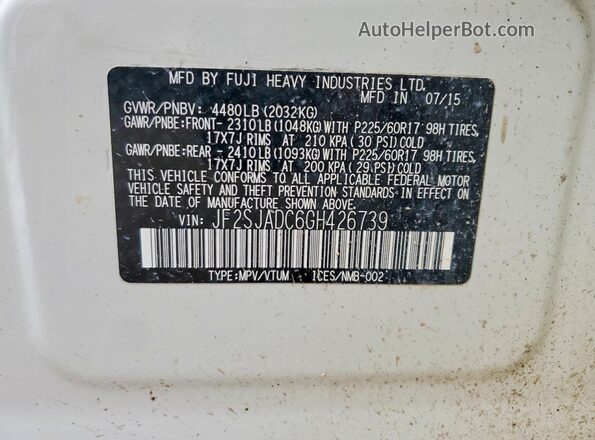JF2SJADC6GH426739 2016 SUBARU FORESTER 2.5 White Панорамний вид салону 360°