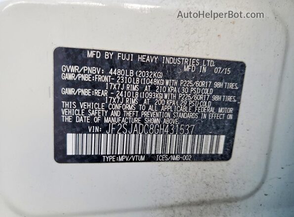 JF2SJADC8GH431537 2016 SUBARU FORESTER 2.5 White Շարժիչի բաժամունքի տեսք