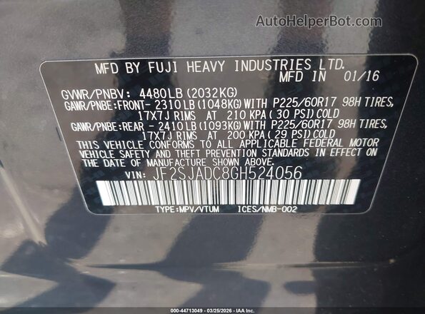 JF2SJADC8GH524056 2016 SUBARU FORESTER 2.5 Gray Widok komory silnika