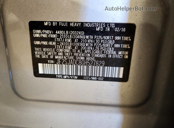 JF2SJADC8GH527829 2016 SUBARU FORESTER 2.5 Silver VIN კოდის სტიკერის ხედი
