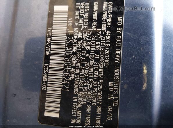 JF2SJADC8GH562421 2016 SUBARU FORESTER 2.5 Blue Widok komory silnika