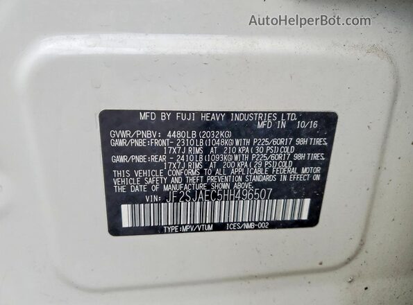 JF2SJAEC5HH496507 2017 SUBARU FORESTER 2.5 Белый Панорамный вид салона 360°