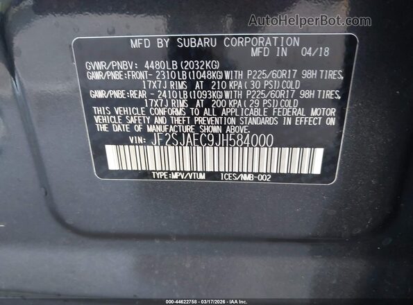 JF2SJAEC9JH584000 2018 SUBARU FORESTER 2.5 Gray 