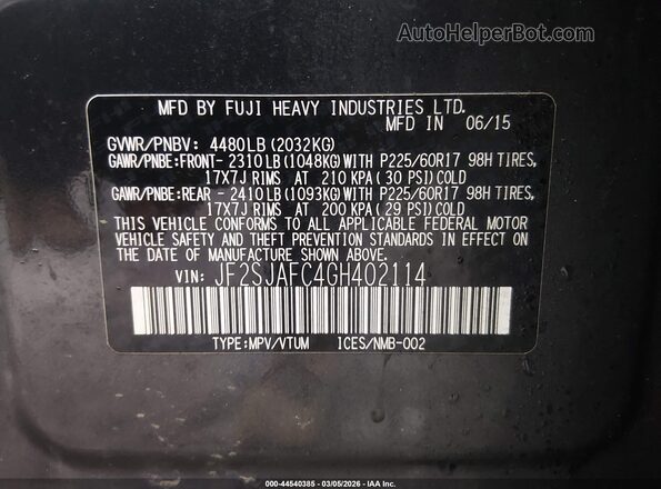JF2SJAFC4GH402114 2016 SUBARU FORESTER 2.5 Gray Widok komory silnika