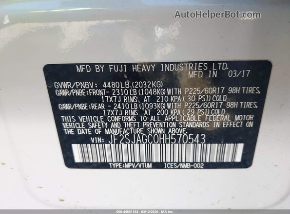JF2SJAGC0HH570543 2017 SUBARU FORESTER 2.5 White 