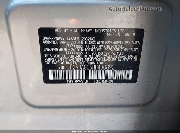 JF2SJAGC5HH430892 2017 SUBARU FORESTER 2.5 Silver Вид підкапотного простору