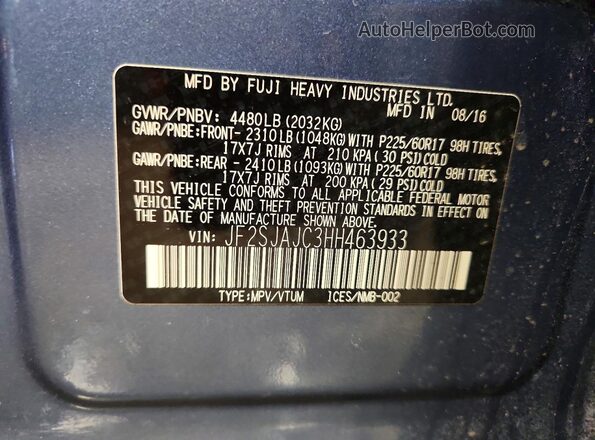 JF2SJAJC3HH463933 2017 SUBARU FORESTER 2.5 Синий Панорамный вид салона 360°