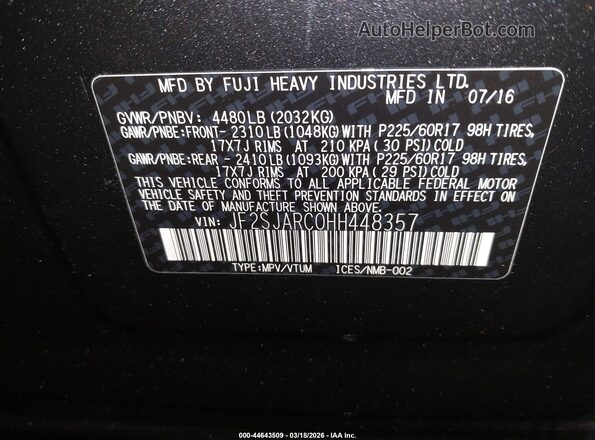 JF2SJARC0HH448357 2017 SUBARU FORESTER 2.5 Black Vista del compartimento del motor