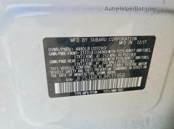 JF2SJARC6JH531958 2018 SUBARU FORESTER 2.5 White VIN sticker view