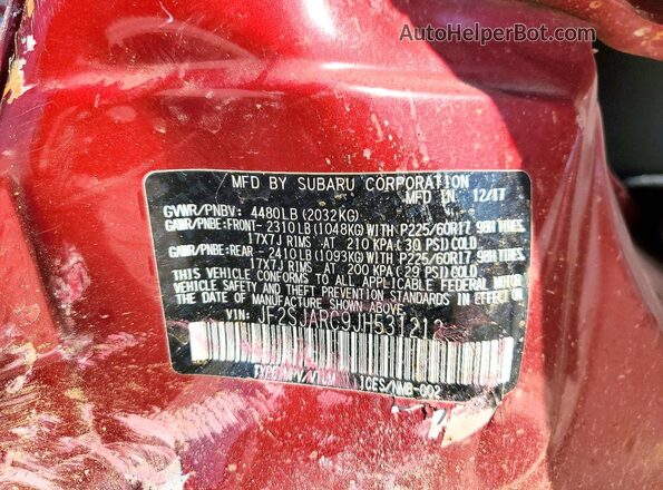 JF2SJARC9JH531212 2018 SUBARU FORESTER 2.5 Burgundy VIN կոդի պիտակի տեսք