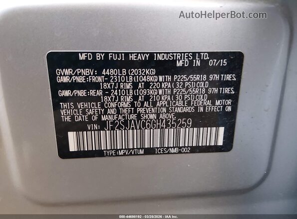 JF2SJAVC6GH435259 2016 SUBARU FORESTER 2.5I TO Silver Vista del compartimento del motor