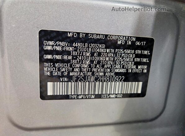 JF2SJAWC2HH810922 2017 SUBARU FORESTER 2.5I TO Silver VIN կոդի պիտակի տեսք