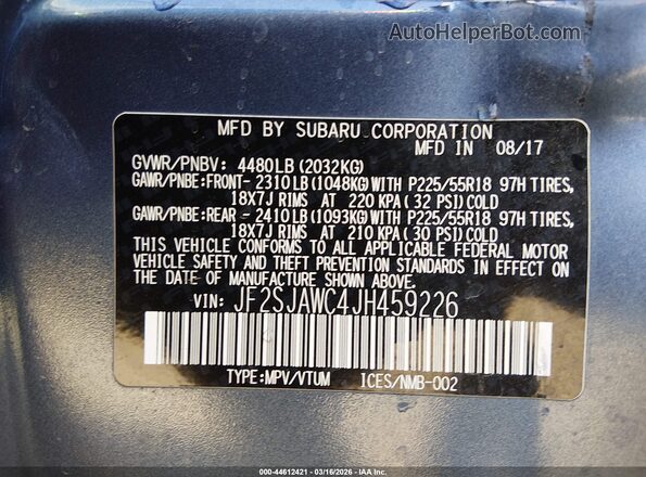 JF2SJAWC4JH459226 2018 SUBARU FORESTER 2.5I TO Синий 