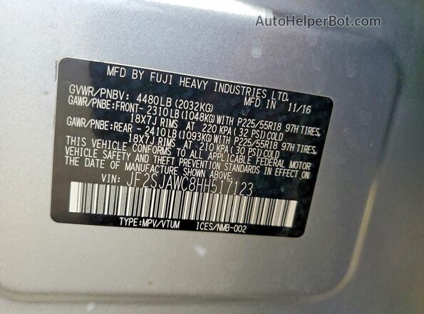 JF2SJAWC8HH517123 2017 SUBARU FORESTER 2.5I TO Silver VIN sticker view
