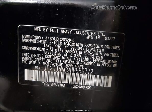 JF2SJAWC9HH589772 2017 SUBARU FORESTER 2.5I TO Black 