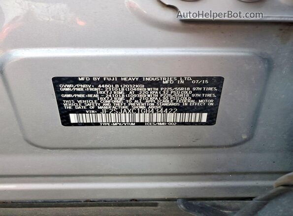 JF2SJAXC1GH434422 2016 SUBARU FORESTER 2.5I TO Silver VIN კოდის სტიკერის ხედი