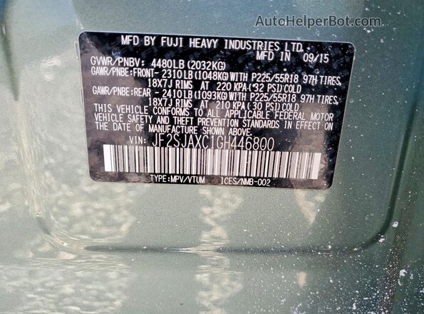 JF2SJAXC1GH446800 2016 SUBARU FORESTER 2.5I TO Зеленый Вид наклейки с VIN-кодом