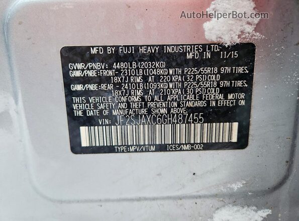 JF2SJAXC6GH487455 2016 SUBARU FORESTER 2.5I TO Silver Widok naklejki z numerem VIN