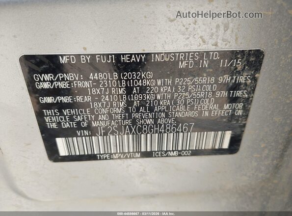 JF2SJAXC8GH486467 2016 SUBARU FORESTER 2.5I TO Silver Vista del compartimento del motor