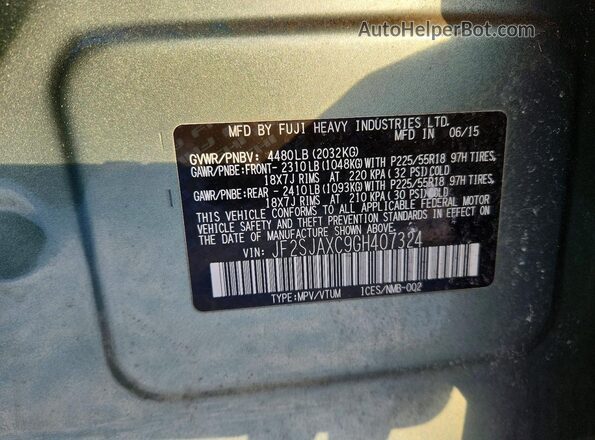 JF2SJAXC9GH407324 2016 SUBARU FORESTER 2.5I TO Зеленый Вид наклейки с VIN-кодом
