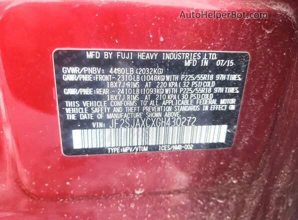 JF2SJAXCXGH430272 2016 SUBARU FORESTER 2.5I TO Maroon VIN კოდის სტიკერის ხედი