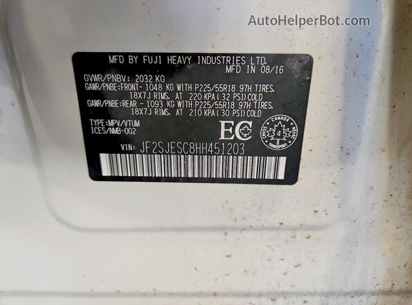 JF2SJESC8HH451203 2017 SUBARU FORESTER 2.5I TO White Вид наклейки з VIN-кодом