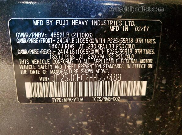 JF2SJGEC2HH557489 2017 SUBARU FORESTER2. Gray ძრავის განყოფილების ხედი